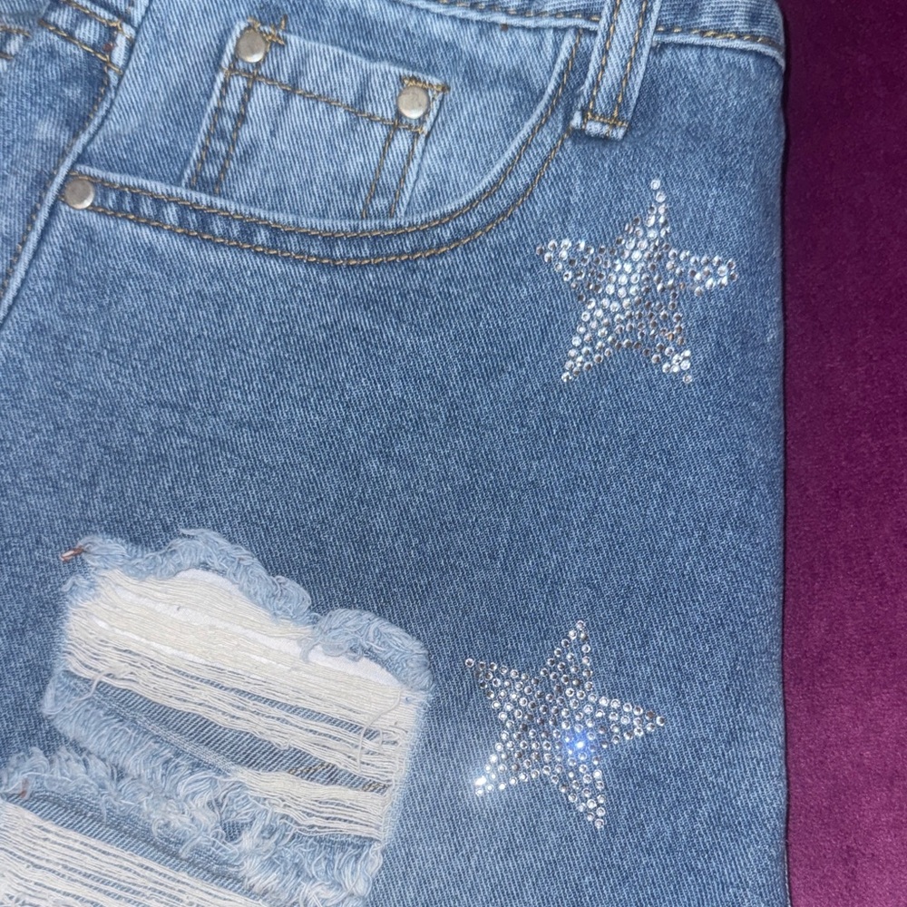 Denim Star-Embellished Women's Shorts Blue Jean Distressed Higheise Cutoff Small - Picture 7 of 11